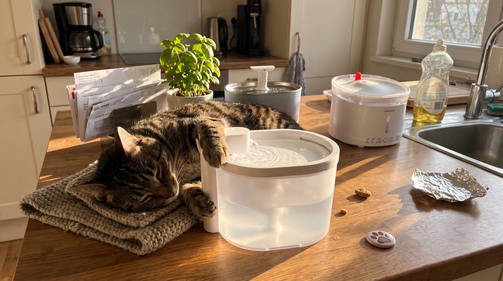 A cat resting on a sunlit kitchen counter beside several cat water fountains